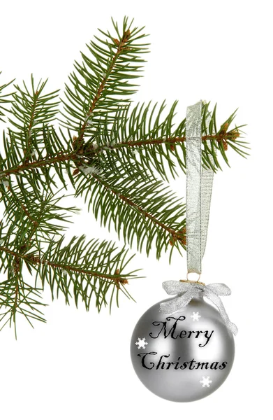 Christmas ball on fir tree, isolated on white — Stock Photo, Image