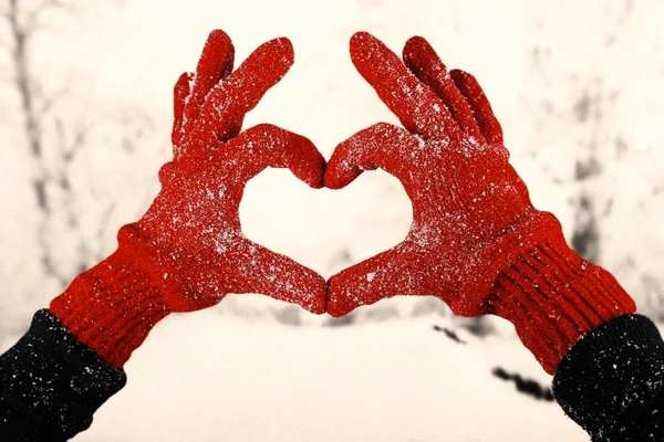 Woman's hands in red gloves on winter natural background — Stock Photo, Image