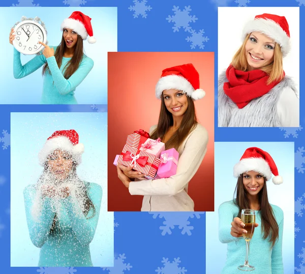 Christmas Collage Unga Glada Tjejer — Stockfoto