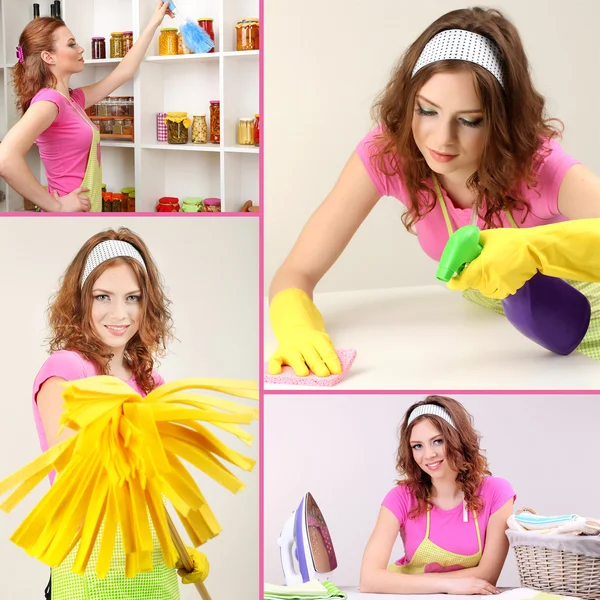Clean Concept Young Housewife Cleaning Supplies Tools Collage — Stock Photo, Image