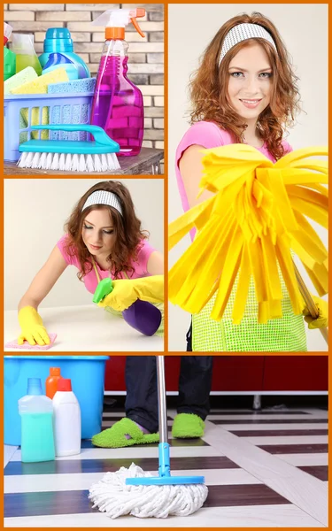 Clean Concept Young Housewife Cleaning Supplies Tools Collage — Stock Photo, Image