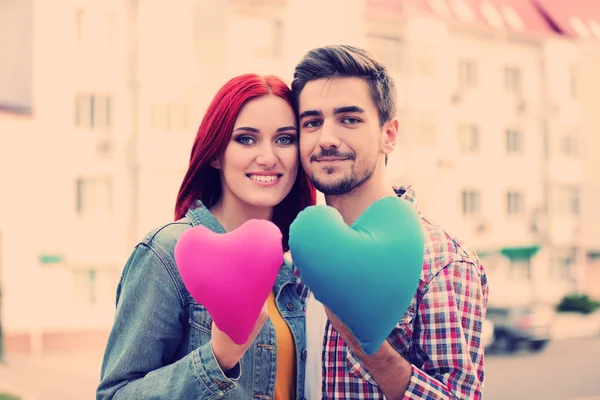 Loving couple near apartment house — Stock Photo, Image