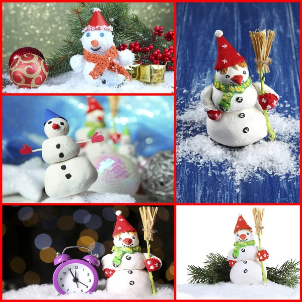 Collage de hermosos muñecos de nieve y decoración de Navidad — Foto de Stock