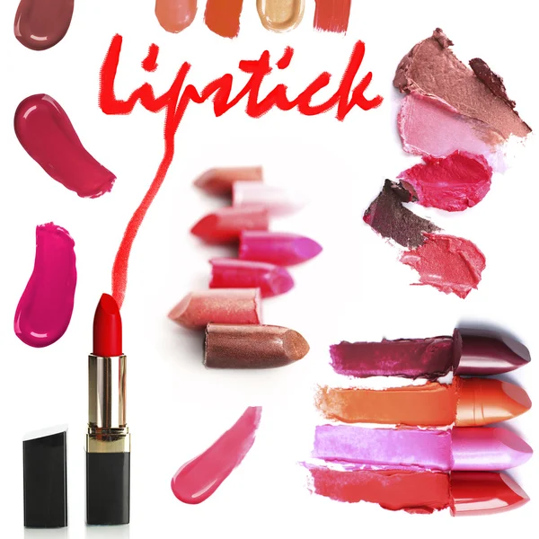 Collage van verschillende lippenstiften geïsoleerd op wit — Stockfoto