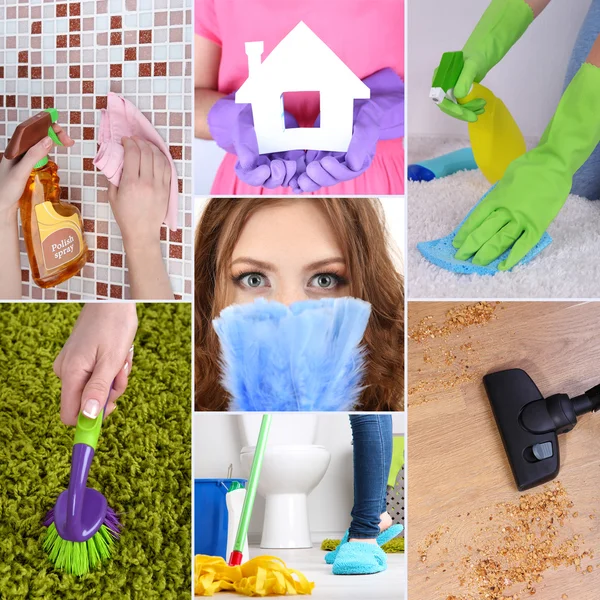 Schone concept. Jonge huisvrouw met het schoonmaken levert en tools collage — Stockfoto
