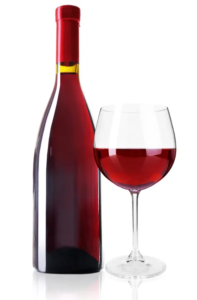 Láhev skvělá vína a skla, izolované na bílém — Stock fotografie