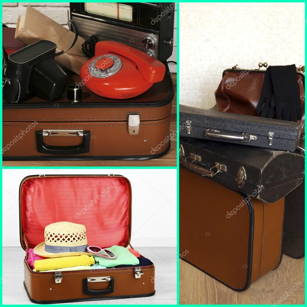 Collage of retro travel suitcases