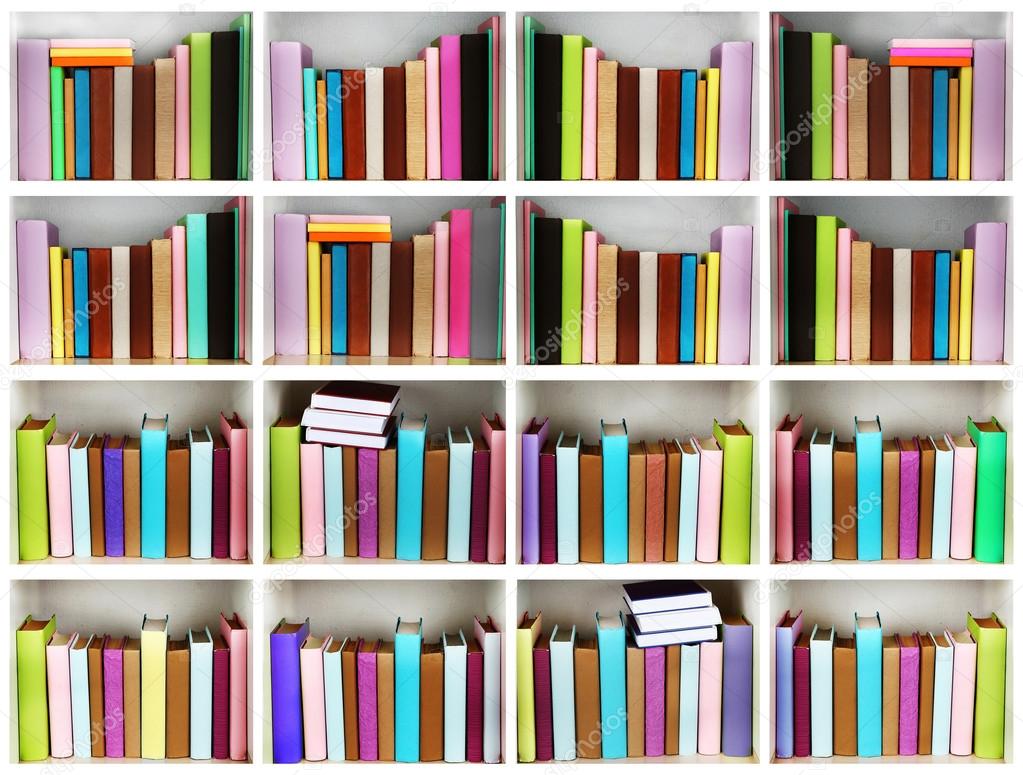 Books on wooden shelves in library