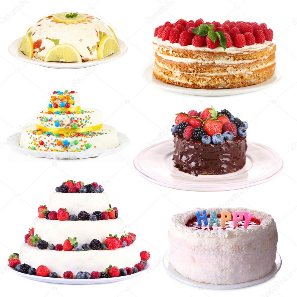 Collage of tasty cakes, isolated on white