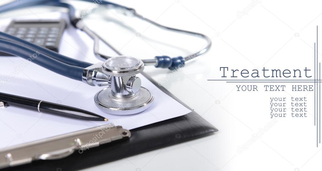 Stethoscope and other things on light background