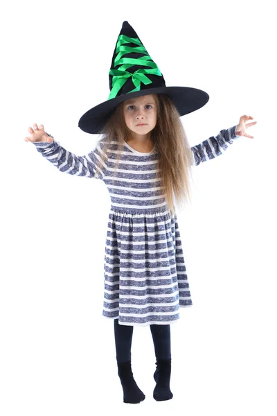 Malá holčička čarodějnice v klobouku — Stock fotografie