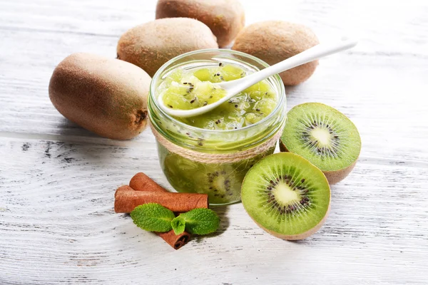 Delicious kiwi jam on table close-up — Stock Photo, Image