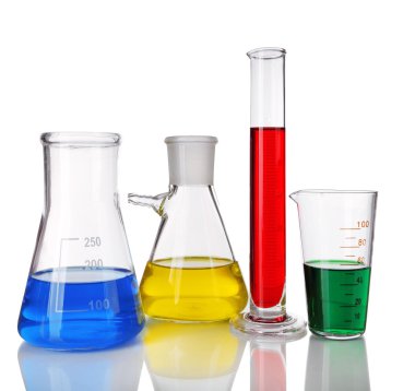 Tüp ve şişe ışık arka plan üzerinde renkli sıvı ile