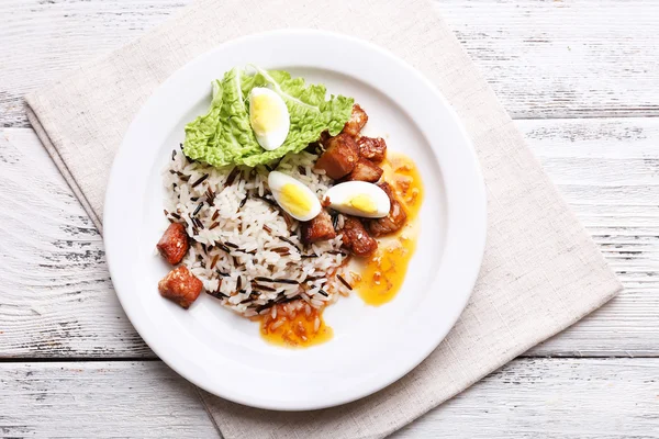 Tasty rice served on table, close-up — Stock Photo, Image