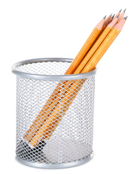 Wooden pencils in metal vase — Stock Photo, Image