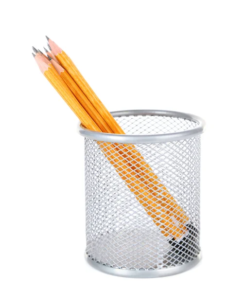 Wooden pencils in metal vase — Stock Photo, Image