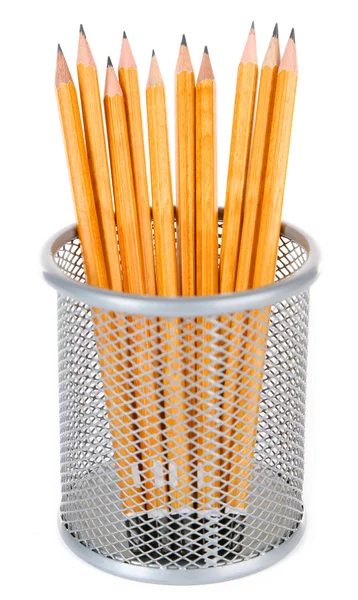 Wooden pencils in metal vase — Stock Photo, Image