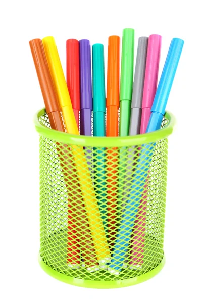 Colorful markers in metal vase — Stock Photo, Image