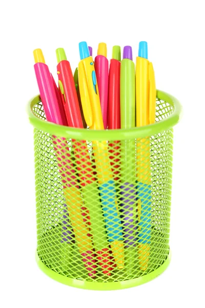 Bolígrafos coloridos en jarrón de metal —  Fotos de Stock