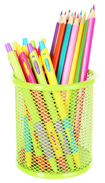 Colorful pens and pencils in metal vase — Stock Photo, Image