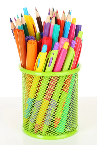 Colorful pens and pencils in metal vase — Stock Photo, Image