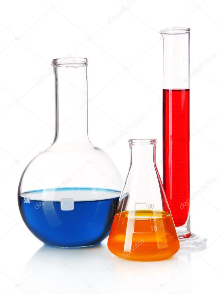 Test-tube and flasks with colorful fluid isolated on white