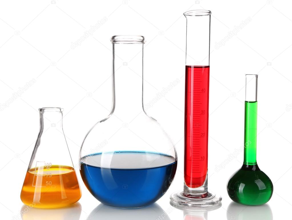 Test-tube and flasks with colorful fluid isolated on white