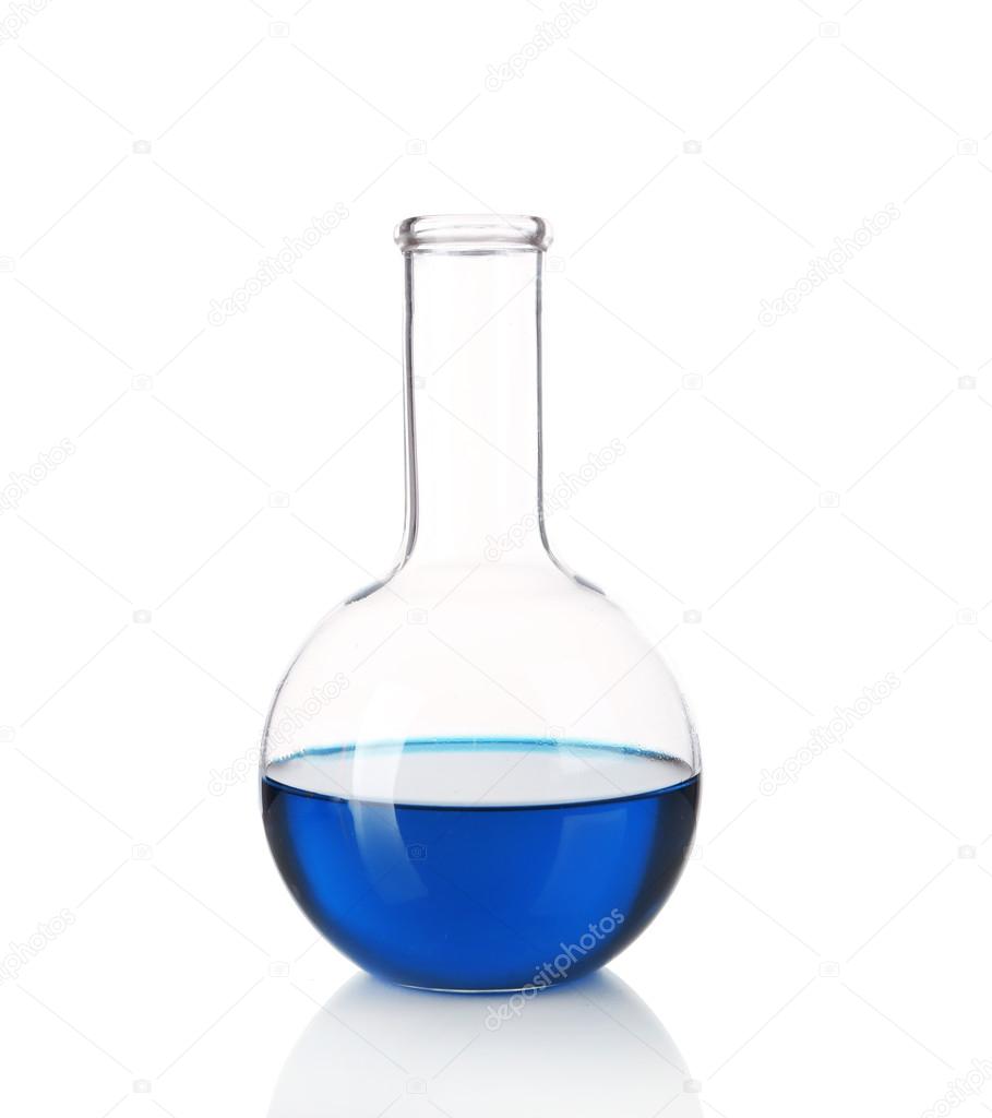 Flask with blue fluid isolated on white