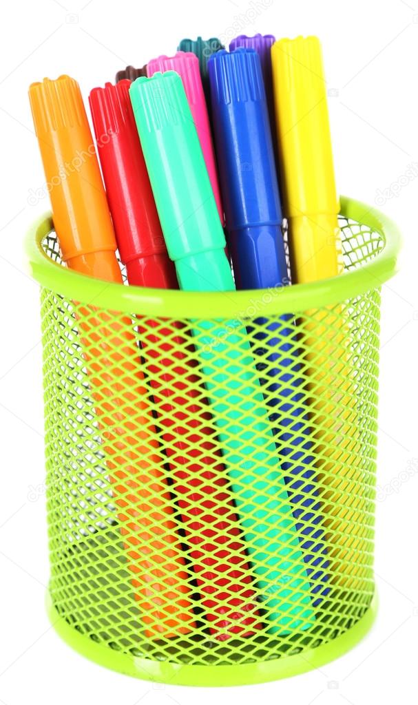 Colorful markers in metal vase