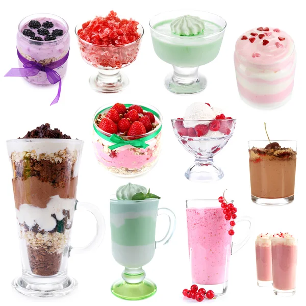 Delizioso dessert collage isolato su bianco — Foto Stock