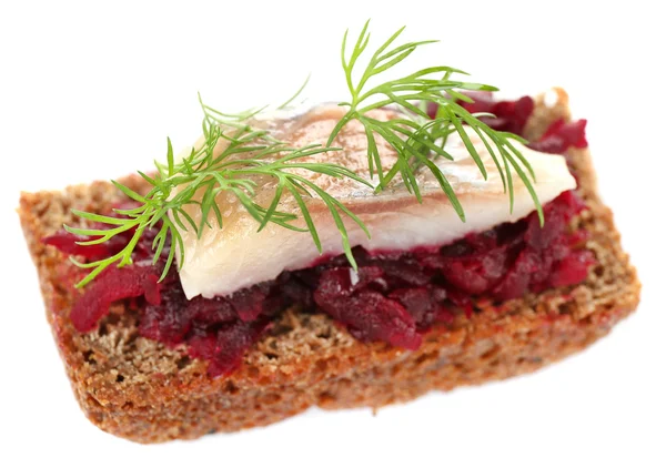 Canape herring with beets on rye toast, isolated on white — Stock Photo, Image