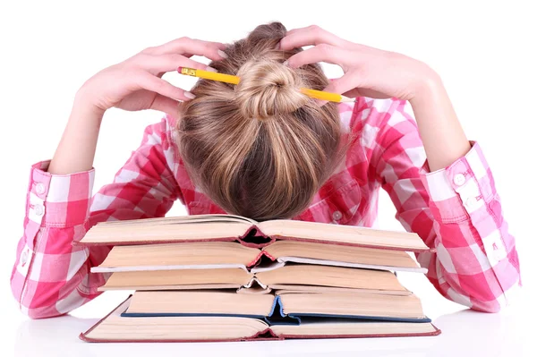 Tired girl with books isolated on white — Stock Photo, Image