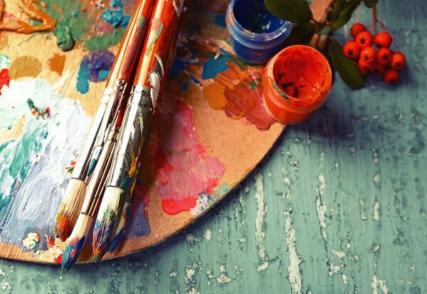 Beautiful still life with professional art materials, close up