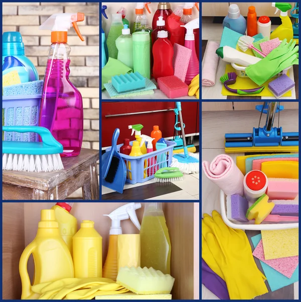 Clean concept. Cleaning supplies and tools collage — Stock Photo, Image