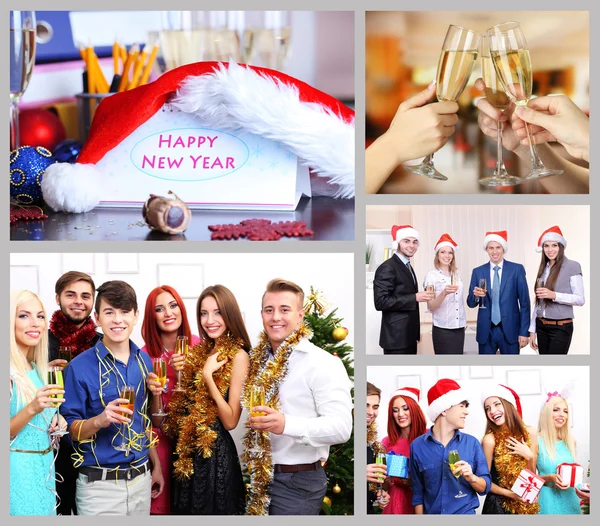 Colagem Fotos Com Celebração Ano Novo Escritório — Fotografia de Stock