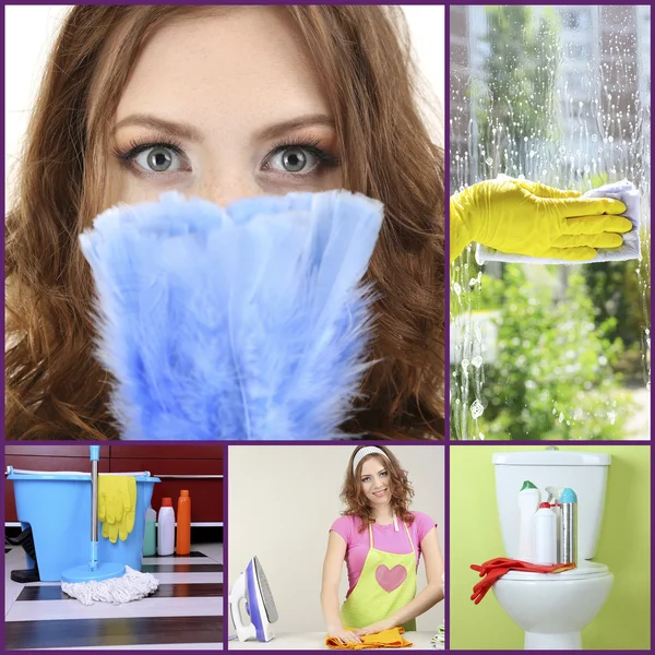 Concepto limpio. Joven ama de casa artículos de limpieza y herramientas collage —  Fotos de Stock