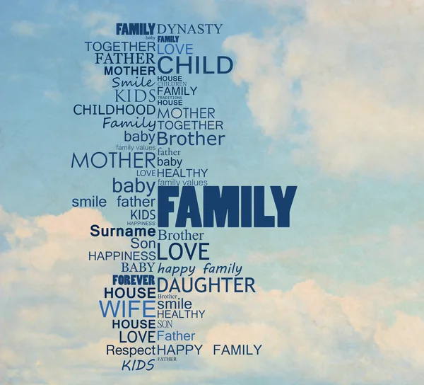 Familjen begrepp, ord på himmel bakgrund — Stockfoto