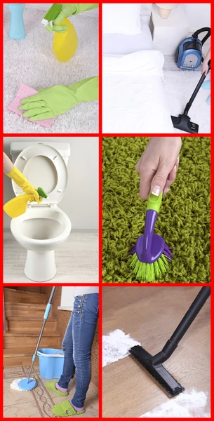 Clean concept. Cleaning supplies and tools collage — Stock Photo, Image
