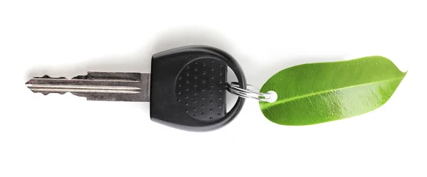 Car key with green leaf trinket — Stock Photo, Image