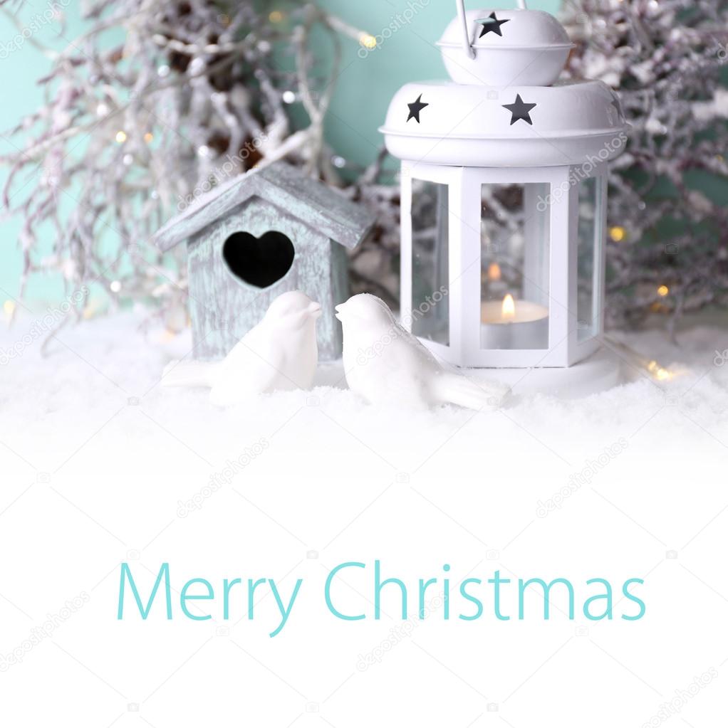 Beautiful Christmas composition with small bird house on light background