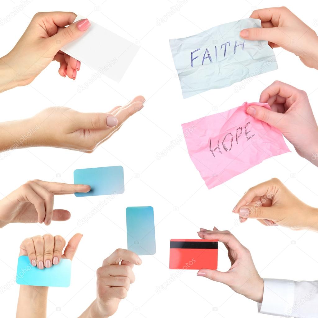 Collage of hands, hands holding empty business cards, credit card and cards with text isolated white