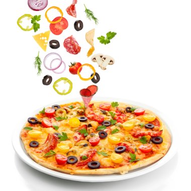 Tasty pizza and falling ingredients isolated on white