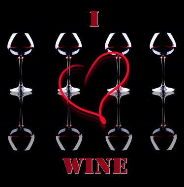 Bardak şarap ben şarap kart aşk üzerine siyah izole