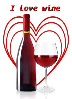 Şişe ve bardak kırmızı şarap ile arka plan üzerinde beyaz izole kırmızı Kalpler