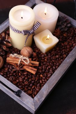 Mumlar koyu arka plan üzerinde ahşap masa üstünde kahve taneleri ve baharatlar ile vintage tepsi üzerinde şişlik