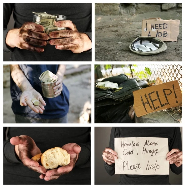 I senzatetto chiedono aiuto collage — Foto Stock