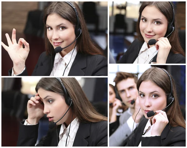 Callcenter collage. Människor svara telefoner — Stockfoto