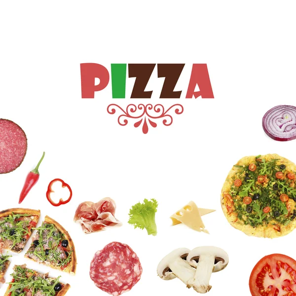 Pizzas saborosas e ingredientes com espaço para texto isolado em branco — Fotografia de Stock