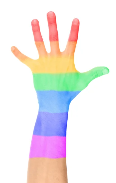 A mão do homem pintada como a bandeira do arco-íris isolada no branco — Fotografia de Stock