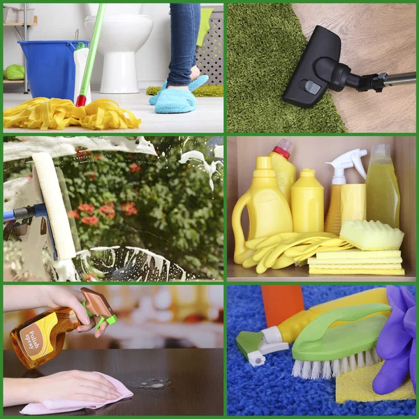 Clean concept. Cleaning supplies and tools collage — Stock Photo, Image